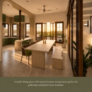 Modern dining room with abundant natural light, large windows, and sustainable home design by Vedic Homes.