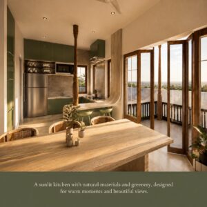 Modern kitchen with large windows allowing natural light into a sustainable home designed by Vedic Homes.
