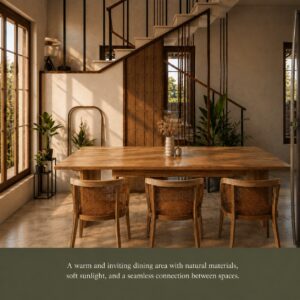 Modern dining area with abundant natural light, wooden interiors, open staircase, and biophilic home design by Vedic Homes.